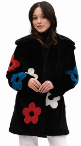 Cativa - 233965 - Fuzzy Faux Fur Flower Print Coat - Black/Floral