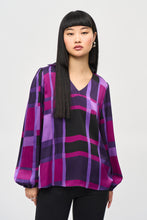 Load image into Gallery viewer, Joseph Ribkoff - 243058 - Satin Abstract Plaid Print Top - Purple/Black
