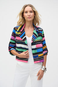 Joseph Ribkoff - 252215 - Gauze Stripe Print Short Boxy Blazer - Black/Multi