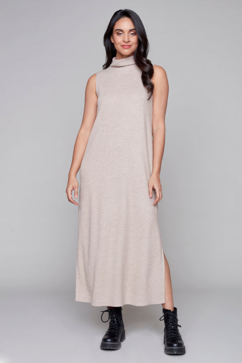 CompliK 33740 Mock Neck Sleeveless Dress Oatmeal