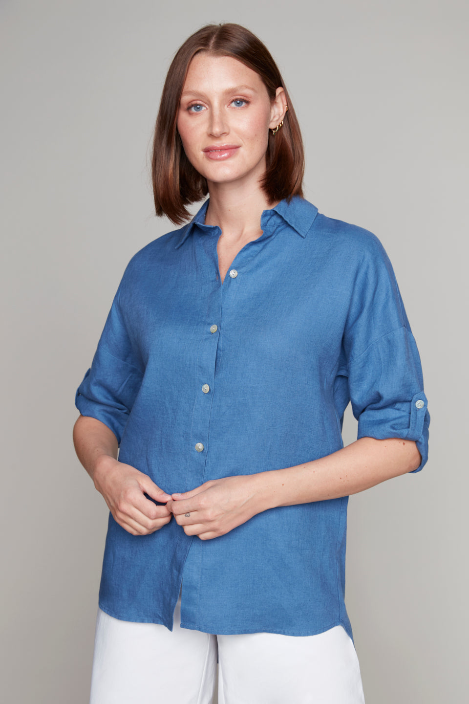 Carré Noir - 7825 - Linen Button Front Blouse - Denim Blue