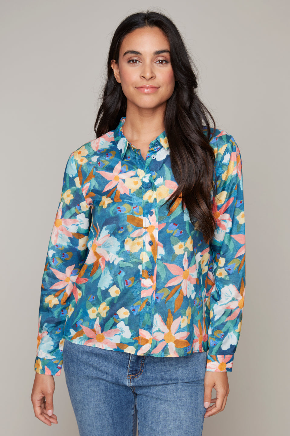 Carré Noir - 7897 - Cotton Floral Blouse - Teal