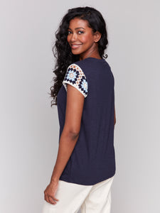 Charlie B - C1374PK - Crochet Cap Sleeve T-Shirt - Navy