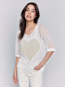 Charlie B - C2792 - Fishnet V Neck Sweater With Lurex Heart - White