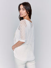 Load image into Gallery viewer, Charlie B - C2792 - Fishnet V Neck Sweater With Lurex Heart - White
