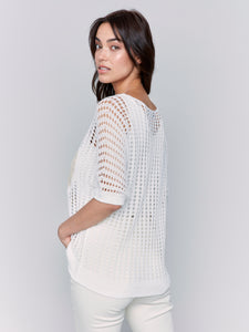 Charlie B - C2792 - Fishnet V Neck Sweater With Lurex Heart - White