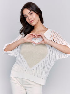 Charlie B - C2792 - Fishnet V Neck Sweater With Lurex Heart - White