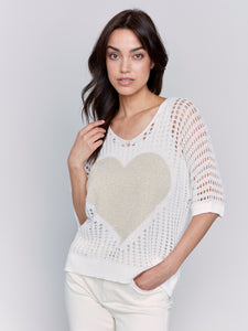 Charlie B - C2792 - Fishnet V Neck Sweater With Lurex Heart - White