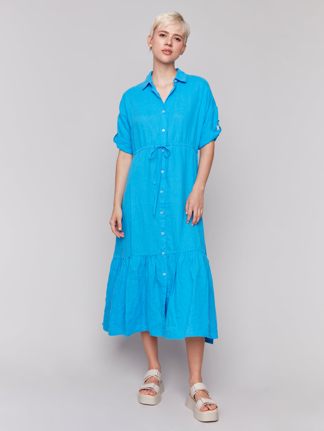 Charlie B - C3205 - Linen Buttoned Front Long Woven Dress - Lagoon