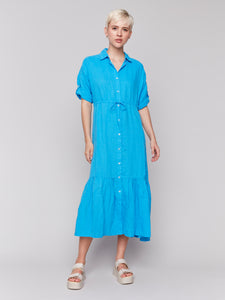 Charlie B - C3205 - Linen Buttoned Front Long Woven Dress - Lagoon