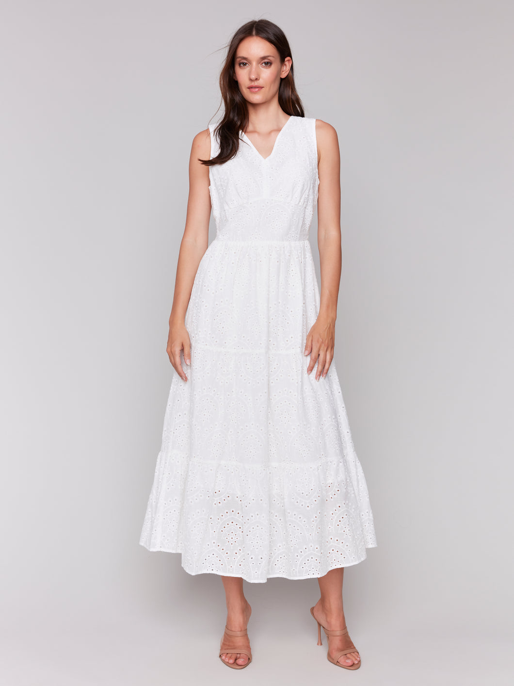 Charlie B - C3208 - Sleeveless Long Eyelet Dress - White