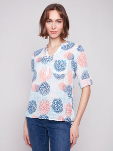 Charlie B - C4188A - Cotton Gauze Half-Button Blouse - Jasmine