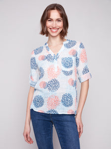 Charlie B - C4188A - Cotton Gauze Half-Button Blouse - Jasmine