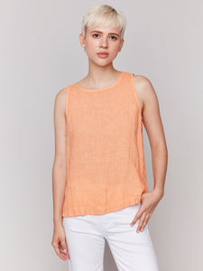 Charlie B - C4425T - Sleeveless Linen Top With Side Buttons - Guava