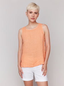 Charlie B - C4425T - Sleeveless Linen Top With Side Buttons - Guava