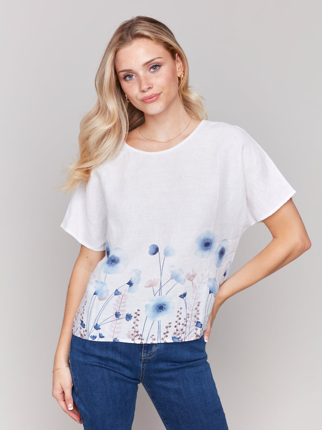 Charlie B - C4487BR - Printed Linen Dolman Top - Field