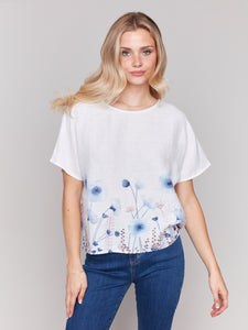 Charlie B - C4487BR - Printed Linen Dolman Top - Field