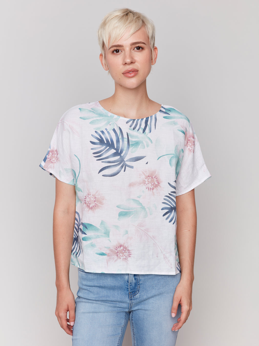 Charlie B - C4487P - Printed Linen Dolman Top - Lush