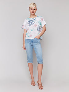 Charlie B - C4487P - Printed Linen Dolman Top - Lush