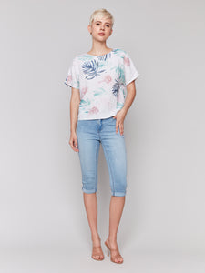 Charlie B - C4487P - Printed Linen Dolman Top - Lush