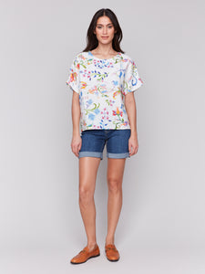 Charlie B - C4487P - Printed Linen Dolman Top - Utopia