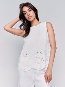 Charlie B - C4510E - Sleeveless Embroidered Cotton Top - White