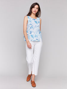 Charlie B - C4543PR - Printed Sleeveless Linen Top With Slit - Denim