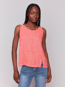 Charlie B - C4543R - Sleeveless Linen Top With Slit - Watermelon