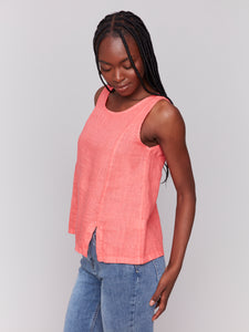 Charlie B - C4543R - Sleeveless Linen Top With Slit - Watermelon