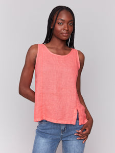 Charlie B - C4543R - Sleeveless Linen Top With Slit - Watermelon