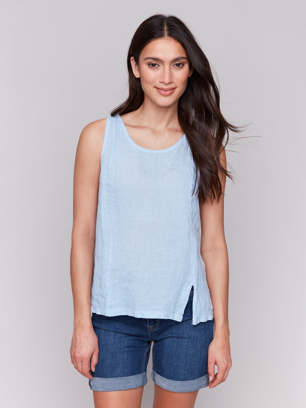 Charlie B - C4543R - Sleeveless Linen Top With Slit - BlueBell