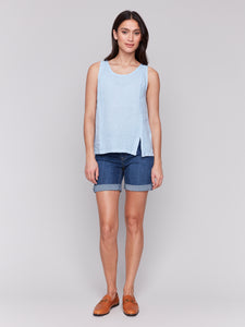 Charlie B - C4543R - Sleeveless Linen Top With Slit - BlueBell