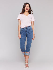 Charlie B - C5334R - Cropped Jean with Embroidered Cuff - Medium Blue