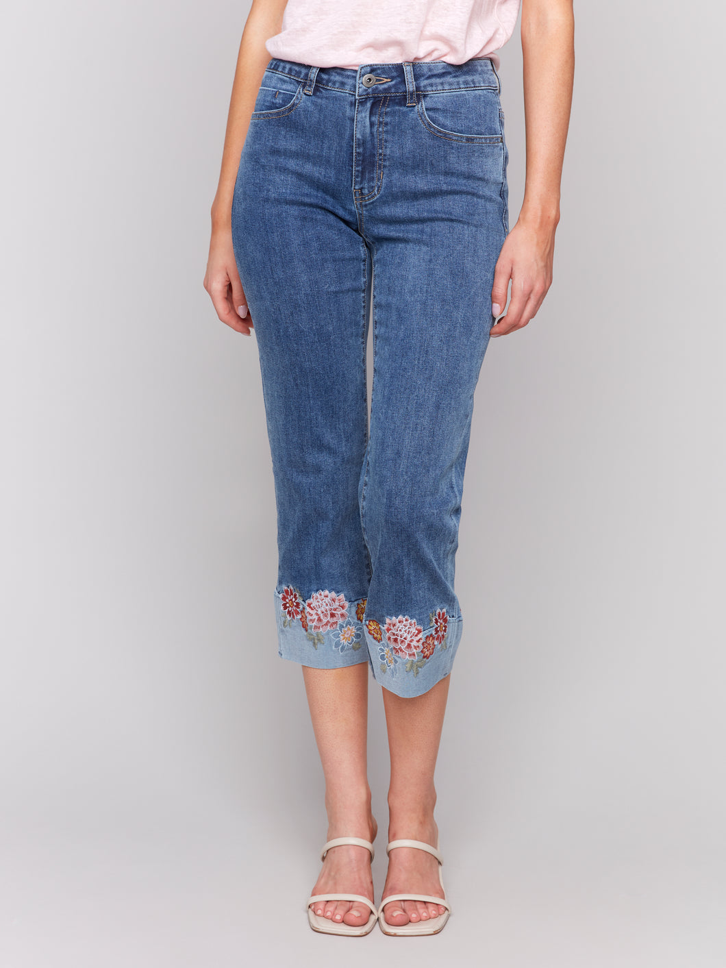 Charlie B - C5334R - Cropped Jean with Embroidered Cuff - Medium Blue