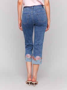 Charlie B - C5334R - Cropped Jean with Embroidered Cuff - Medium Blue