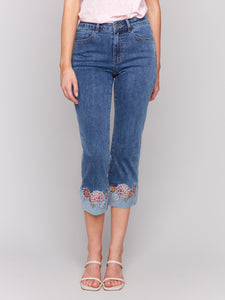 Charlie B - C5334R - Cropped Jean with Embroidered Cuff - Medium Blue