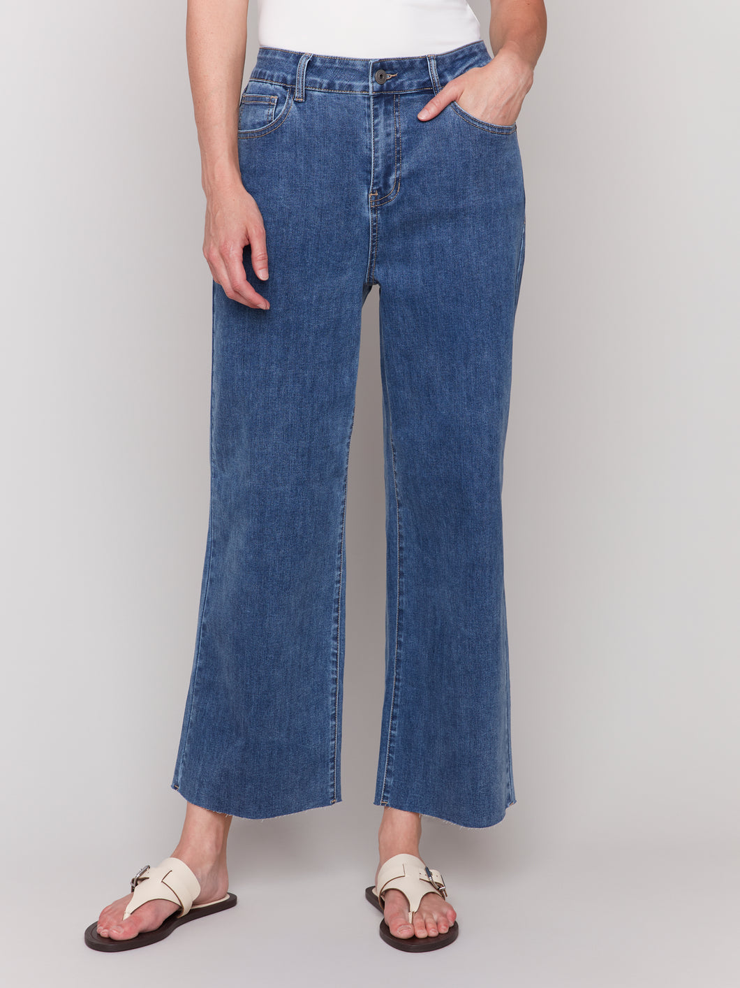 Charlie B - C5497R - Flared Jeans with Raw Edge - Medium Blue