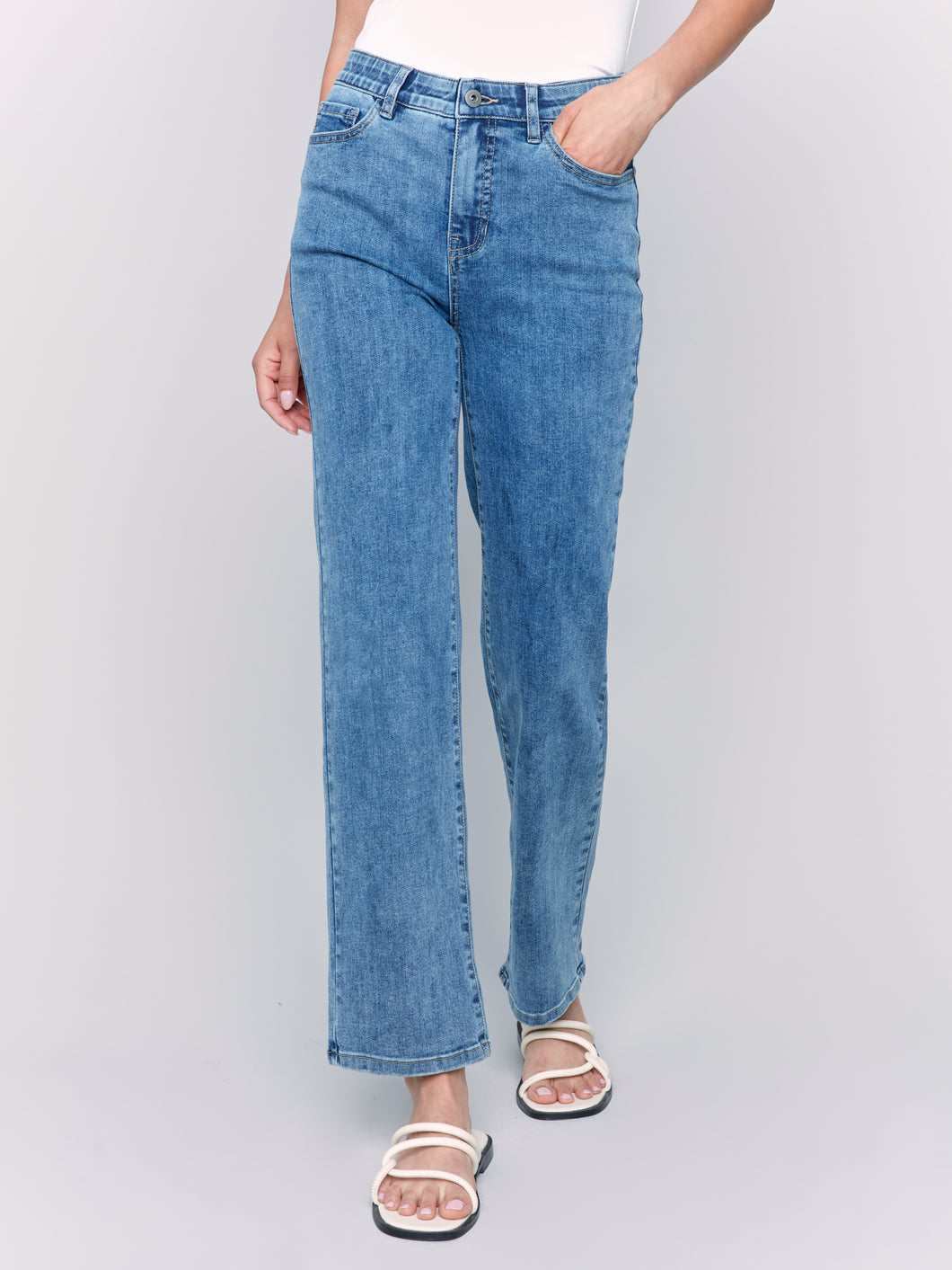 Charlie B - C5584J - Straight Leg Jean with Elastic at Waistband - Medium Blue