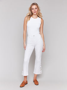 Charlie B - C5643 - Lace Cuts Side Slim Pant - White