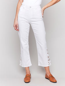 Charlie B - C5643 - Lace Cuts Side Slim Pant - White