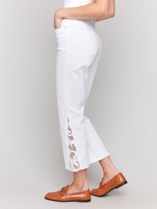 Charlie B - C5643 - Lace Cuts Side Slim Pant - White