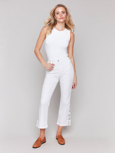 Charlie B - C5643 - Lace Cuts Side Slim Pant - White