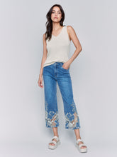 Load image into Gallery viewer, Charlie B - C5648 - Flare Leg Pant With Laser Cut Lace at Bottom - Med Blue
