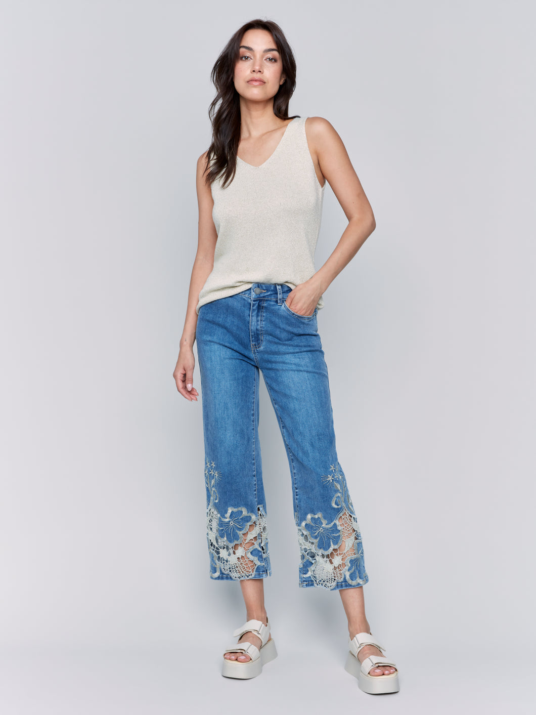 Charlie B - C5648 - Flare Leg Pant With Laser Cut Lace at Bottom - Med Blue