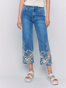 Charlie B - C5648 - Flare Leg Pant With Laser Cut Lace at Bottom - Med Blue