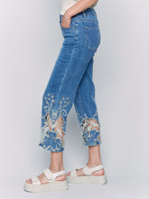 Load image into Gallery viewer, Charlie B - C5648 - Flare Leg Pant With Laser Cut Lace at Bottom - Med Blue
