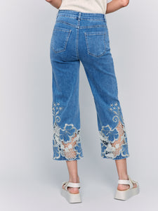 Charlie B - C5648 - Flare Leg Pant With Laser Cut Lace at Bottom - Med Blue