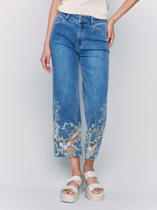 Charlie B - C5648 - Flare Leg Pant With Laser Cut Lace at Bottom - Med Blue