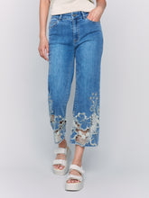 Load image into Gallery viewer, Charlie B - C5648 - Flare Leg Pant With Laser Cut Lace at Bottom - Med Blue
