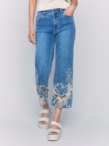 Charlie B - C5648 - Flare Leg Pant With Laser Cut Lace at Bottom - Med Blue